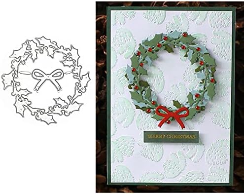 hinana Holly Leaves Wreath Metal Die Cuts, Bow Leaf Round Circle Christmas Cutting Dies Cut Stencils for DIY Scrapbooking Photo Decorative Embossing Paper Dies for Scrapbooking Card Making