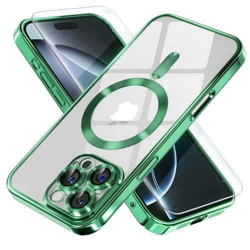 Image of Misea Magnetic for iPhone 16 Pro Max Case Compatible with MagSafe Green | [Never Yellowing] [Military Drop Protection] Full Camera Lens Protector Plating Soft Clear Phone Case for Women, Green