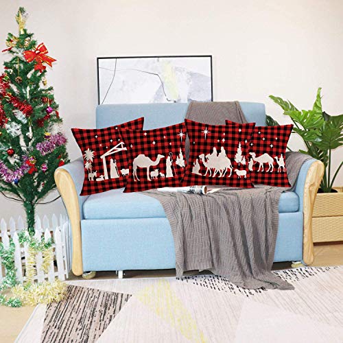 Fukeen Farmhouse Christmas Stables Throw Pillow Covers 18”X18” Black Red Buffalo Plaid Merry Christmas Tree Star Best Wishes Gifts Pillow Cases Cotton Linen Winter Holiday Cushion Cover Set Of 4 #TOP2