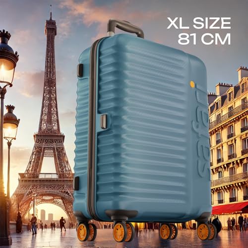 Image of Safari Large Polycarbonate Spinner Wheels Insignia 8 Wheels 81cm Size Check-in Trolley Bag, TSA Lock, Hard Case, XL Size International Travel Luggage, Suitcase for Travel, Ink Blue
