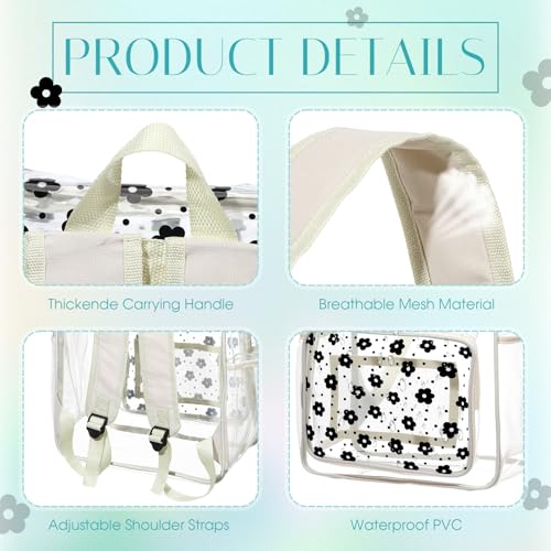 3pcs Clear Backpack Heavy Duty See Through Bookbag with Lunch Bag Pencil Case Key Chain for Women Stadium Approved(Daisy)3