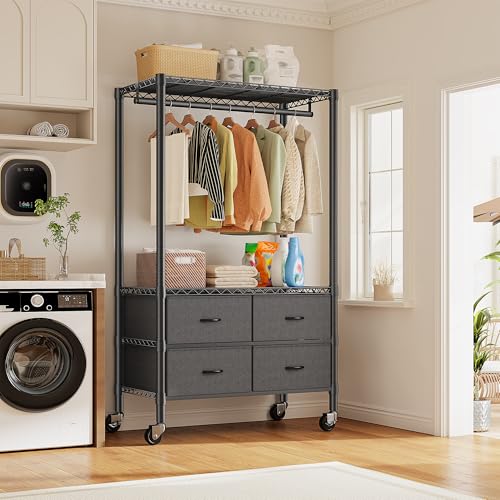 Image of Raybee Clothes Rack Heavy Duty Clothing Rack with Rolling Wheels & 4 Drawers, Clothing Racks for Hanging Clothes with Drawers, Black