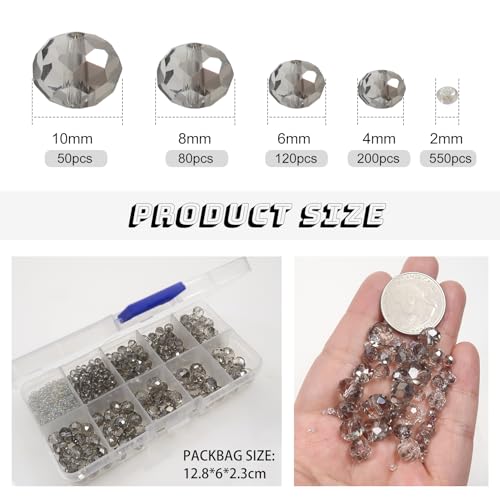 TOAOB 1000pcs Grey Crystal Glass Beads 2mm 4mm 6mm 8mm10mm Faceted Spacer Beads for Jewelry Making DIY Craft Project Decorations Bracelet Making Kit - Image 2