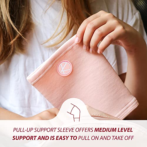 Image of KARM Kids Knee Brace Sleeve - Youth Knee Compression Sleeve for Kids, Child - Support for Pain, Sports, Football, Basketball, Gymnastics, Recovery, Boys & Girls (Light Pink)