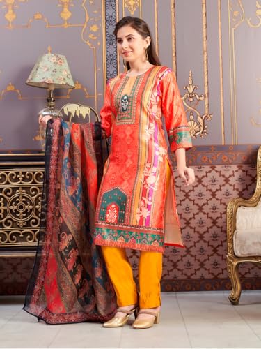 Aarika Girls Ethnic Wear Orange-Mustard Colour Abstract Embalished Satin Kurti Pant Set-8-15 Years (Kp-Tr-K-1041)