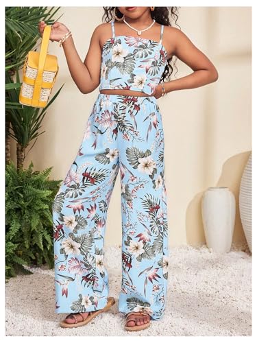 Image of Floerns Girl's 2 Piece Outfit Hawaiian Tropical Crop Cami Tops and Boho Pants Set