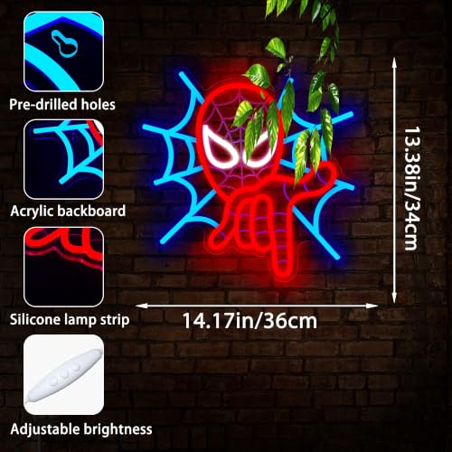 Image of Spider Neon Sign for Wall Decor Anime Neon Light for Man Cave USB Powered LED Spider Sign for Game Room Teens Bedroom Party Decor Birthday Gifts for Men Fans Comic Lovers Size 14.1 x 11.3 in(XD213)