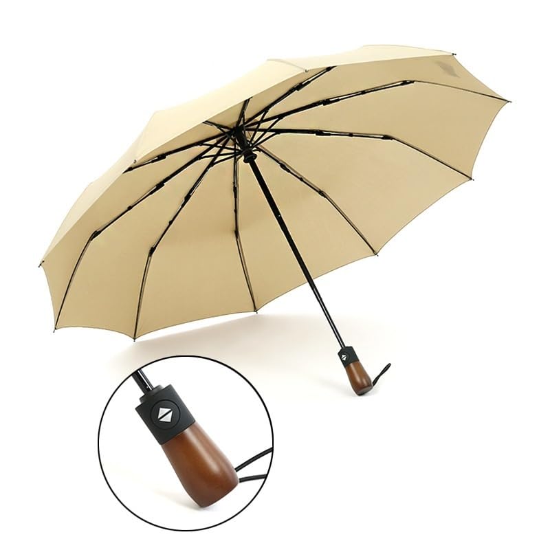 Parapluie de voyage pliable à dix os TUSUOD avec poignée en bois élégante