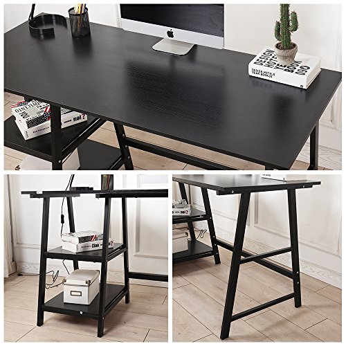 Trestle Desk With 2 Shelves, Soges Home Office Storage Desk With Hutch, 55 Inches Computer Desk Workstation, Student Desk Wooden School Desk, Black #TOP6