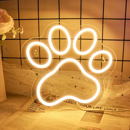 Dog Cat Paw Neon Sign for Wall Decor, Warm White Puppy Foot Print LED Signs