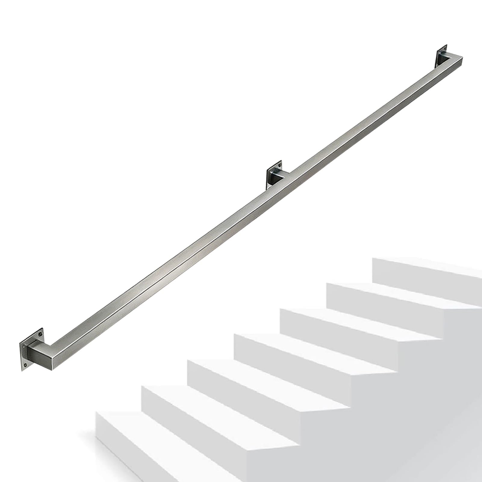 Outdoor/Indoor Stair Handrail Grab Bar, 1m 1.5m 2.8m 2.5m 3.9m 4.5m 6m Wall Mounted Banister Railing with Brackets, Non-Slip Square Tube Grab Rail - Silver Stainless Steel(17ft/5.1m)