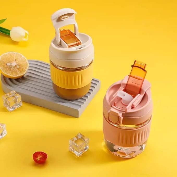 Image of Leak-Proof and Stylish Glass Travel Coffee Mug - Reusable Glass Tumbler with Lid and Straw, Ideal for Hot and Cold Beverages, Smoothies, Juices, Iced Drinks - Pack of 1