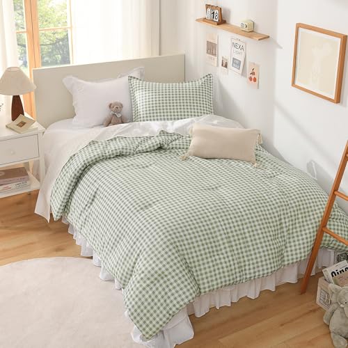 Image of Andency Sage Gingham Comforter Set Full(79x90Inch), Green Checkered Grid Plaid Buffalo Bed Set for Girls Boys Kids Teens, 3 Pieces Lightweight Polyester Geometric Preppy Bedding