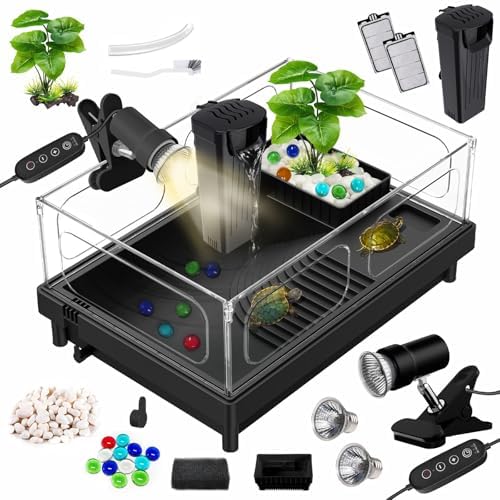 GOZILLA Kit de Tanque de Tortuga pequeña (Tanque + lámpara + Filtro), Kit de Inicio de Tortuga acrílica con lámpara Ajustable, hábitat de Reptiles y terrario con áreas multifuncionales para pequeños