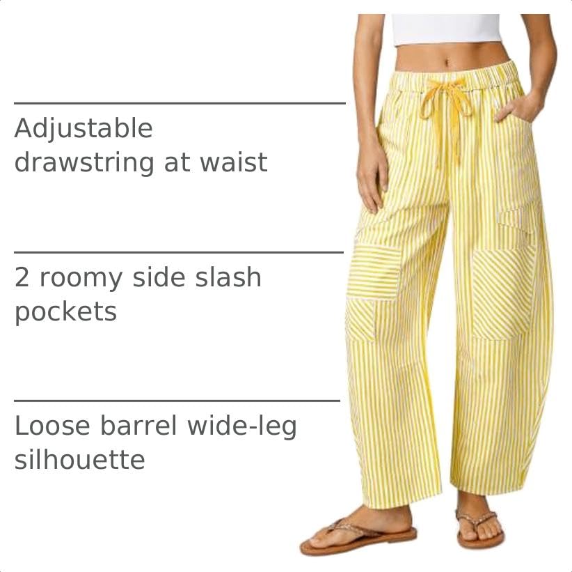 Image of TARSE Womens Striped Linen Barrel Pants with Pockets Y2k Patchwork