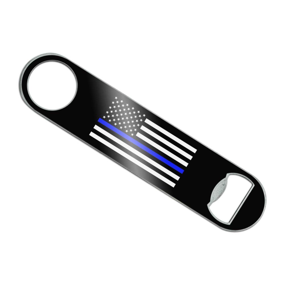 Thin Blue Line American Flag Stainless Steel Vinyl Covered Flat Bartender Speed Bar Bottle Opener