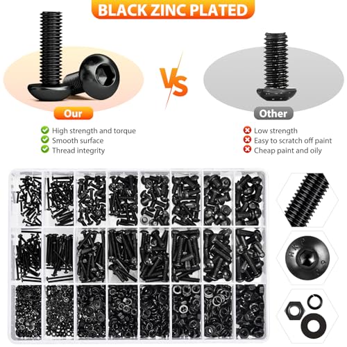 1705 Pieces Hex Button Head Machine Screw Assortment Kit M2 M3 M4 M5 Metric Bolt and Nut with Lock and Flat Washers, 10.9 Alloy Steel Cap Screw Set with Wrench