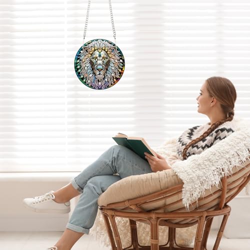 Image of Lion Diamond Painting Hanging Kit, DIY 5D Acrylic Pendant with Special Shaped Rhinestones, Lion Head Diamond Art Ornament for Wall, Door, or Garden Decoration, Handmade Craft Gift for Adults