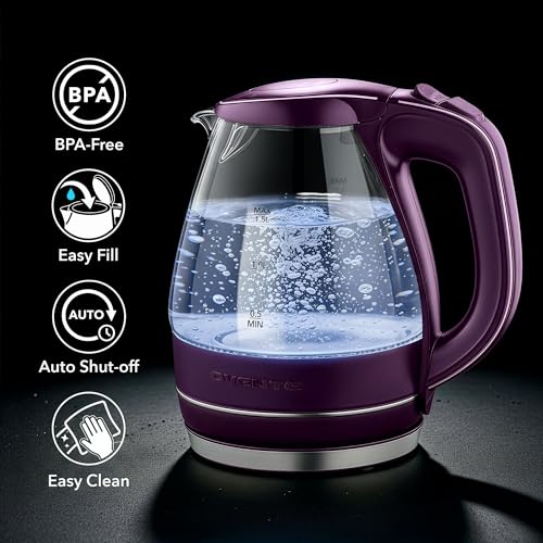 Image of OVENTE Electric Kettle, 1.5L Borosilicate Glass Countertop Water Heater and Boiler for Coffee or Tea, BPA-Free, Auto Shut-Off, Boil-Dry Protection, Removable and Washable Spout Filter, Purple KG83P