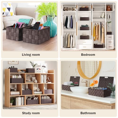 Storage Baskets with Lids: 5 Pack Stackable Woven Storage Bins, Brown by Uvellgift - Used condition - Image 6