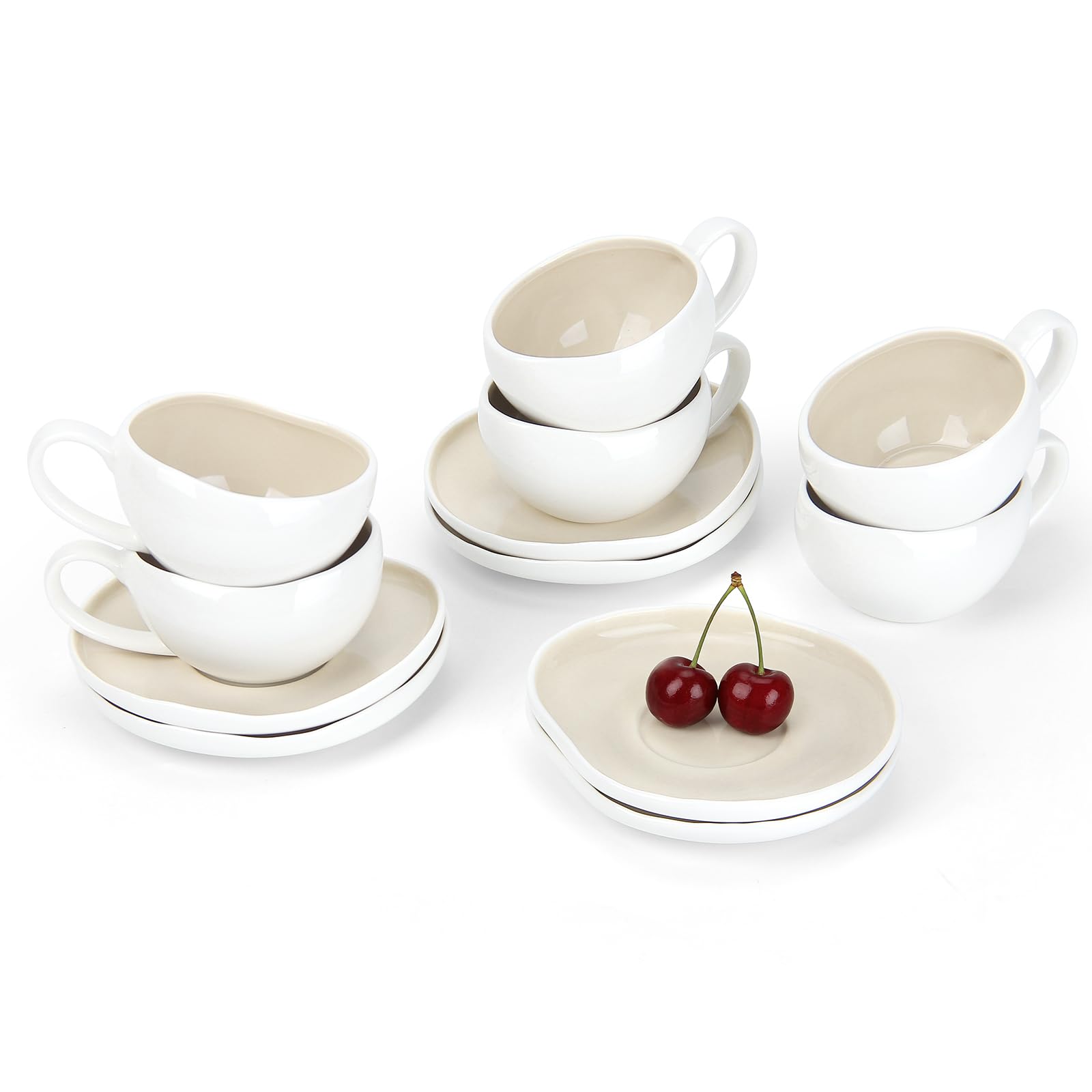 Filiżanki do espresso, zestaw filiżanek do espresso ze spodkami, 6-częściowy zestaw ceramicznych filiżanek do espresso i moki, 120 ml, filiżanki i spodki, jasnobeżowy i biały