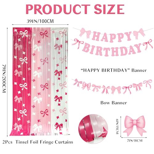 Pink Birthday Decorations Set, Happy Birthday Banner with Glitter Fringe Curtain, Pink Bow Party Supplies for Girls Birthday Photo Booth Backdrop — view 4