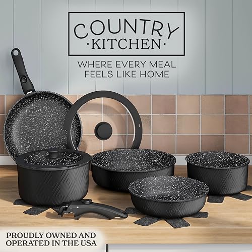 Image of Country Kitchen Cookware Set with Removable Handle, Oven & RV Safe Pots and Pans Set, Black Rhombus, Original