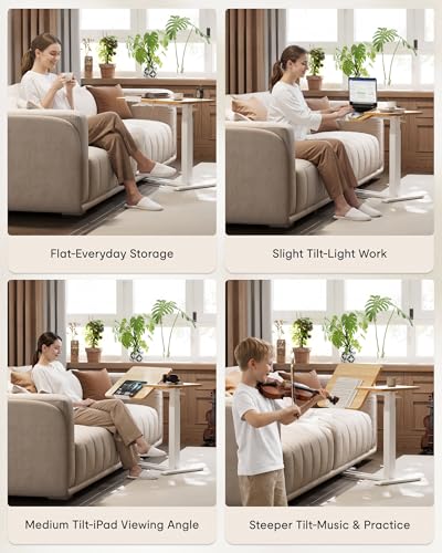 Image of FLEXISPOT Adjustable Height C-Shaped End Table with Single-Side Tilting Top, Mobile Side Table for Sofa & Bedside, Slides Under Furniture, Hidden Wheels for Small Spaces, 27.6 inch W x 15.7 inch D, Maple
