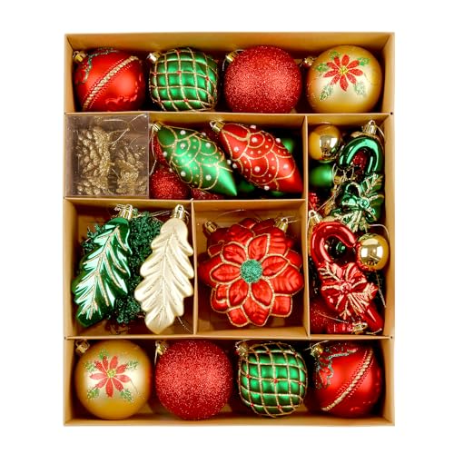 WBHome 70ct Assorted Christmas Ball Ornaments Set - Red, Green and Gold, Shatterproof Ornaments for Christmas Tree Decorations Xmas Holiday Decor, Hooks Included