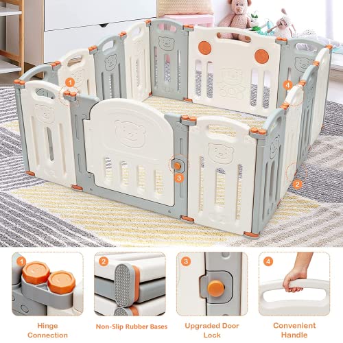 Costzon Baby Playpen, 14-Panel Foldable Large Baby Playard W/Locking Gate, Non-Slip Rubber Bases, Adjustable Shape, Portable Baby Fence Play Area Design For Indoor Outdoor Use (Beige + Gray) #TOP4