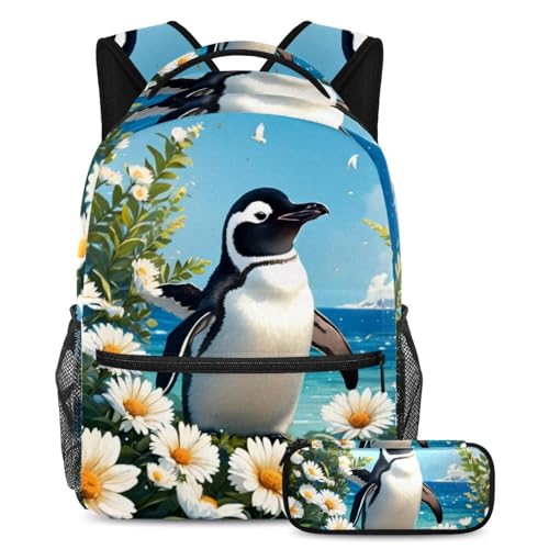 Sac à dos de jour pingouin et fleur pour les journées de cours et sorties des ados