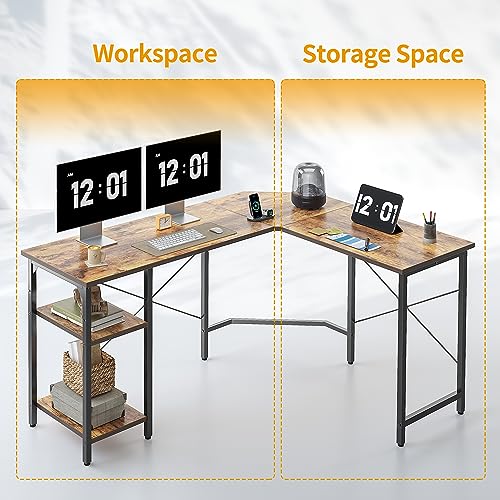 Image of CubiCubi L Shaped Desk, 59.1 Inch Reversible Corner Desk with Storage Shelves, Home Office Desk for Writing Gaming Study, Warm Brown