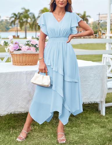 Image of GRACE KARIN Women's Casual Summer V Neck Flutter Ruffle Short Sleeve 2025 Empire High Waist Flowy Midi Dresses