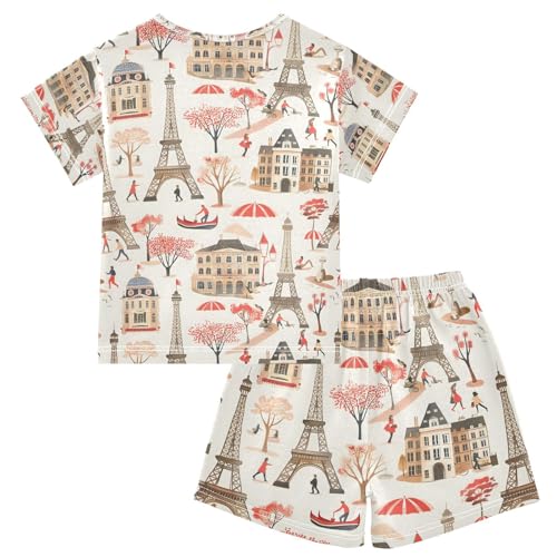 ALAZA Paris Eiffel Tower Castle Tree Pajamas Set Short Sleeve Cotton Sleepwear Summer Pjs 2 Piece 5-14Y2
