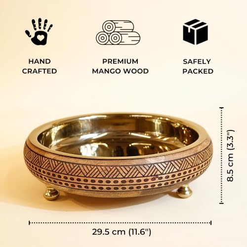 Image of BEHOMA Wood & Metal Urli Tray, 12 inch, Mocha Brown | Wood & metal urli tray in mocha brown, 12 inch; ideal festive gift for Durga Puja & Navratri decor, 1L.