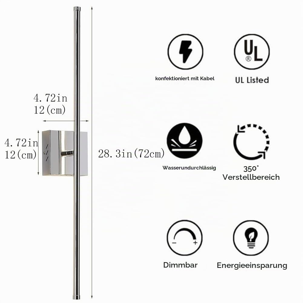 LED Akku Wandleuchte Kabellos mit Fernbedienung Innen Dimmbar Lang Wandlampe 350° Drehbare Spiegelleuchte Ohne Stromanschluss Wandbeleuchtung mit Timing USB Aufladbare Badezimmerlampe,Chrome