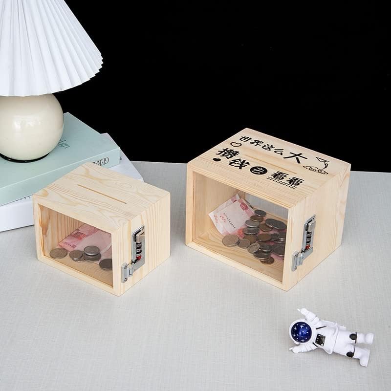 Miniatura 4 de Caja de dinero creativa de madera con cerradura transparente de alta capacidad alcancía decorativa de escritorio para decoración del hogar