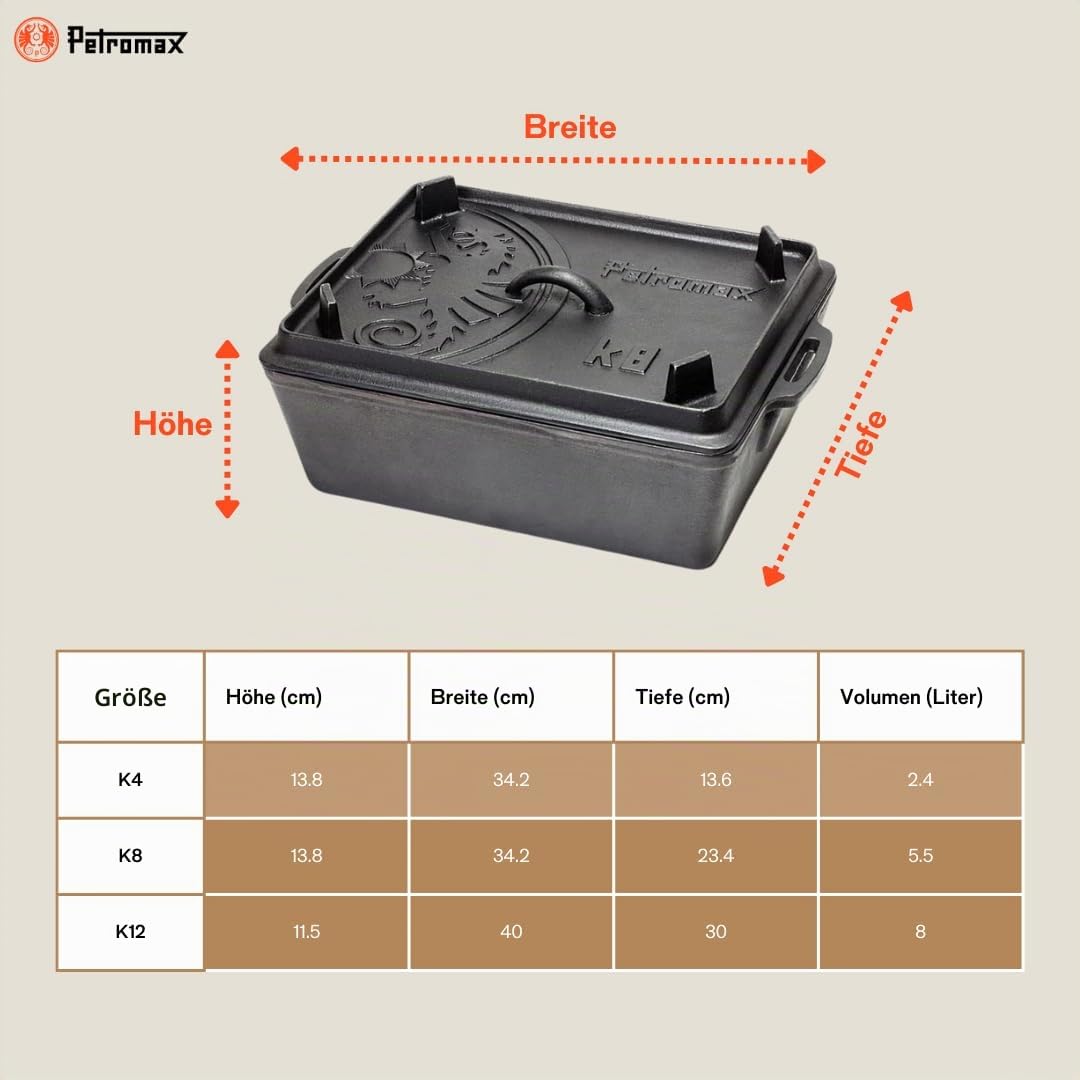 Petromax Kastenform k8 Gusseisen - 8 l Dutch Oven mit Deckelpfanne | Massiver Bräter für Backofen & Lagerfeuer - Ideal für Brot, Kuchen & Aufläufe - Inklusive Deckel als Steakpfanne nutzbar