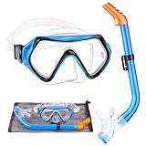 Ezire Kid Snorkel Set, Snorkeling Gear for Kids, Tempered Glass Anti-Fog Swimming Diving Mask，Semi-