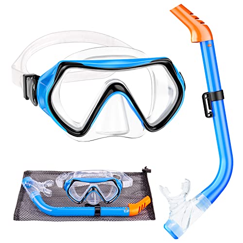 Ezire Kid Snorkel Set, Snorkeling Gear For Kids, Tempered Glass Anti-Fog Swimming Diving Mask，Semi-Dry Top Snorkel Combo Set For Kids Youth Boys Girls (Blue) #TOP6