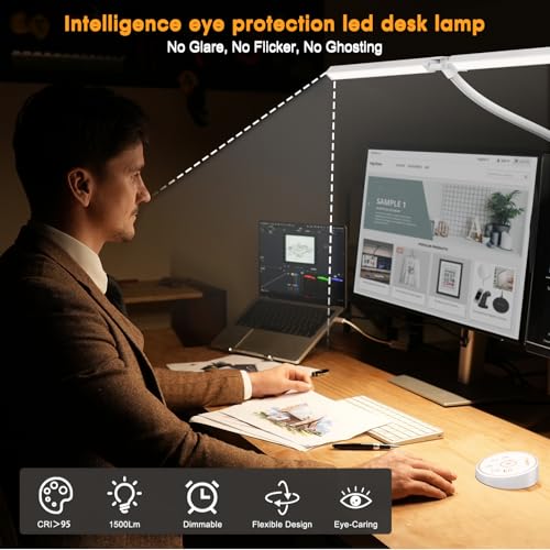 Image of Pzloz Led Desk Lamp for Office Home - Eye Caring Architect lamp with Clamp,Dual Screen Computer Monitor Work Smart Light: 24W 5 Color Flexible Adjustable Lighting Table Lamp for Study White