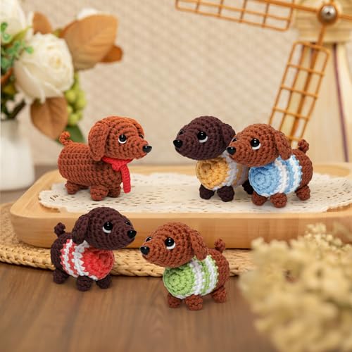 Image of Mewaii Crochet Kit for Beginners - 5 Easy Dachshund Dog Crochet Kits with Step-by-Step Video Tutorials, Pre-Started Yarn, 40% Extra Yarn, Beginner Crochet Kit for Adults & Kids