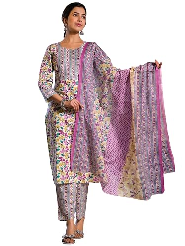 Image of MIRCHI FASHION Women's Straight Fit Pure Cotton Jaipuri Floral Printed Sequins Thread Work Kurta Set with Dupatta and Trouser