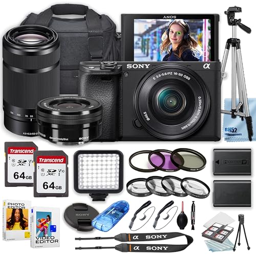 Sony a6400 Mirrorless Camera with Sony E PZ 16-50mm and Sony E 55-210mm Lens + Deluxe Case + 128GB Memory + Filters + Tripod + Extra Battery + LED Square Light (29PC Bundle) (Renewed)