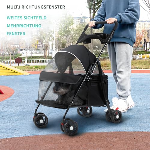2in1 Hundewagen bis 15 kg, Hundebuggy mit 1 Getränkehaltern, Hundebox Transporttasche Faltbar klappbar mit Feststellbremse, Bollerwagen für Hunde, 48 cm * 68 cm * 95cm (Schwarz)