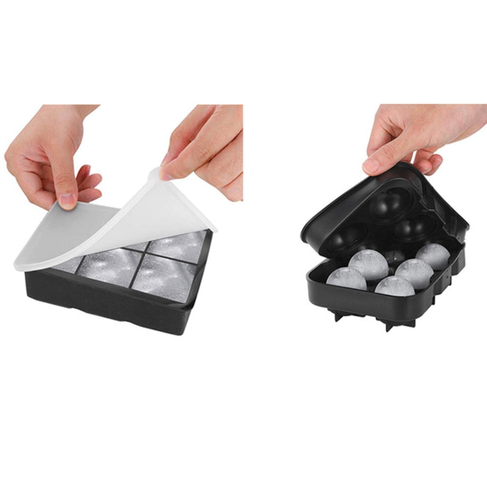 AllForYouglacio Ice Cube Trays Silicone Combo Mold - Set of 2, Sphere Ice Ball Maker with Lid & Large Square Molds, Reusable and BPA Free