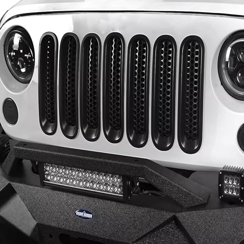 Image of Black Front Grille Mesh Insert Kit Compatible with 2007-2018 Jeep Wrangler JK /JKU - Circular Vented Guard to Boost Style & Radiator Protection, 7PCS