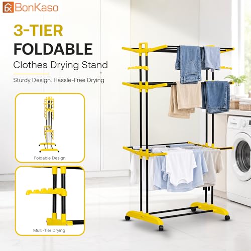 Image of BonKaso AirFold Plus 3-Tier Foldable Clothes Drying Stand, Laundry Rack with Wheels and 8 Hanger Slots for Indoor Outdoor Home