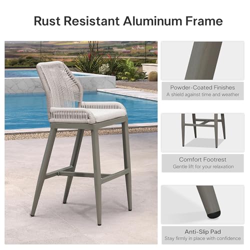 Image of PURPLE LEAF Bar Stool 1 Piece Outdoor Bar Height Metal Stool Modern Wicker Rattan Barstools with Back Aluminum Outside Garden Patio Bar Chair, Light Grey