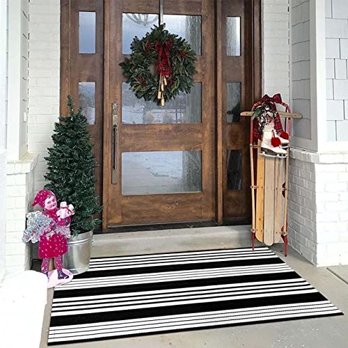Black And White Outdoor Rug 3' X 5', Washable Rugs Front Door Mat Cotton Woven Kitchen Rug Entryway Rug Indoor/Outdoor Rugs Layered Doormats For Front Porch/Farmhouse/Patio #TOP7